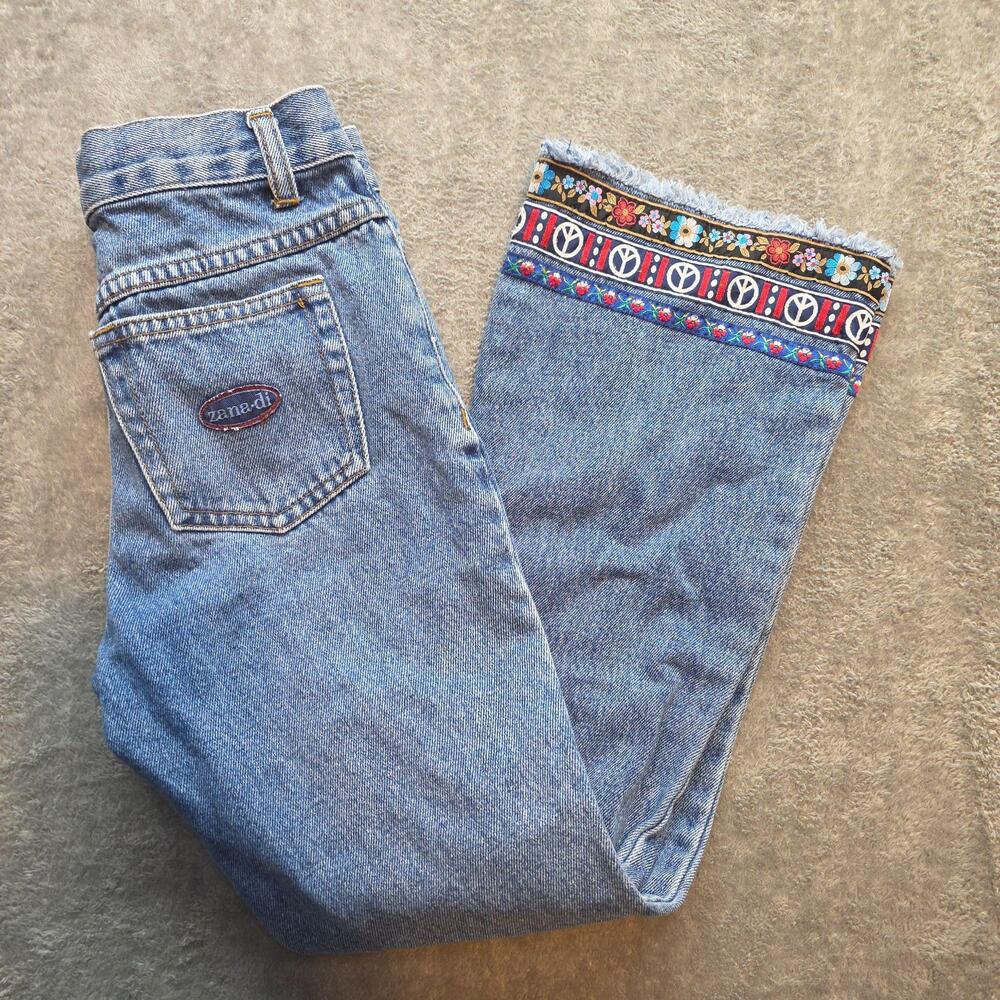 Vintage Zana Di Flare Jeans Juniors 31 Blue Medium Wash Peace Embroidered Denim